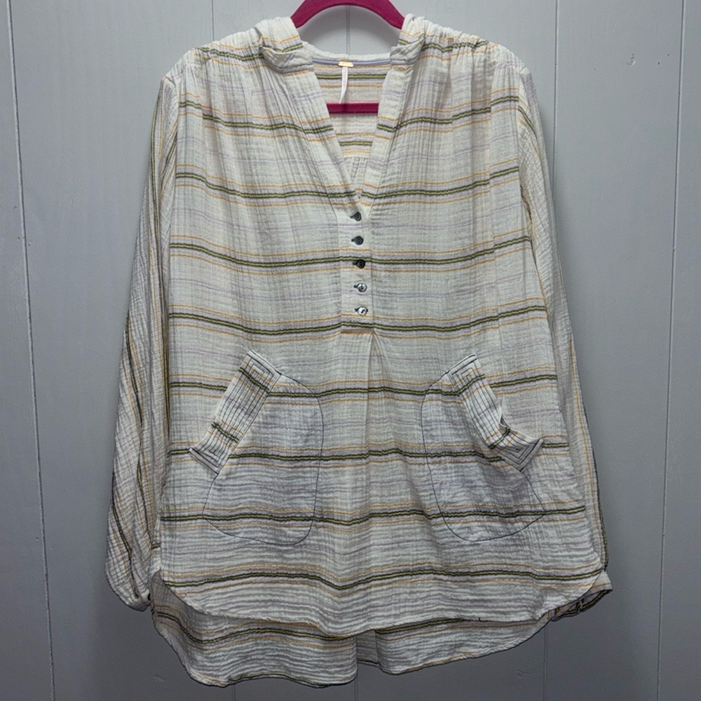 Free People Rolling Clouds 100% Cotton Hooded Blouse Ivory Striped Small - Picture 6 of 7